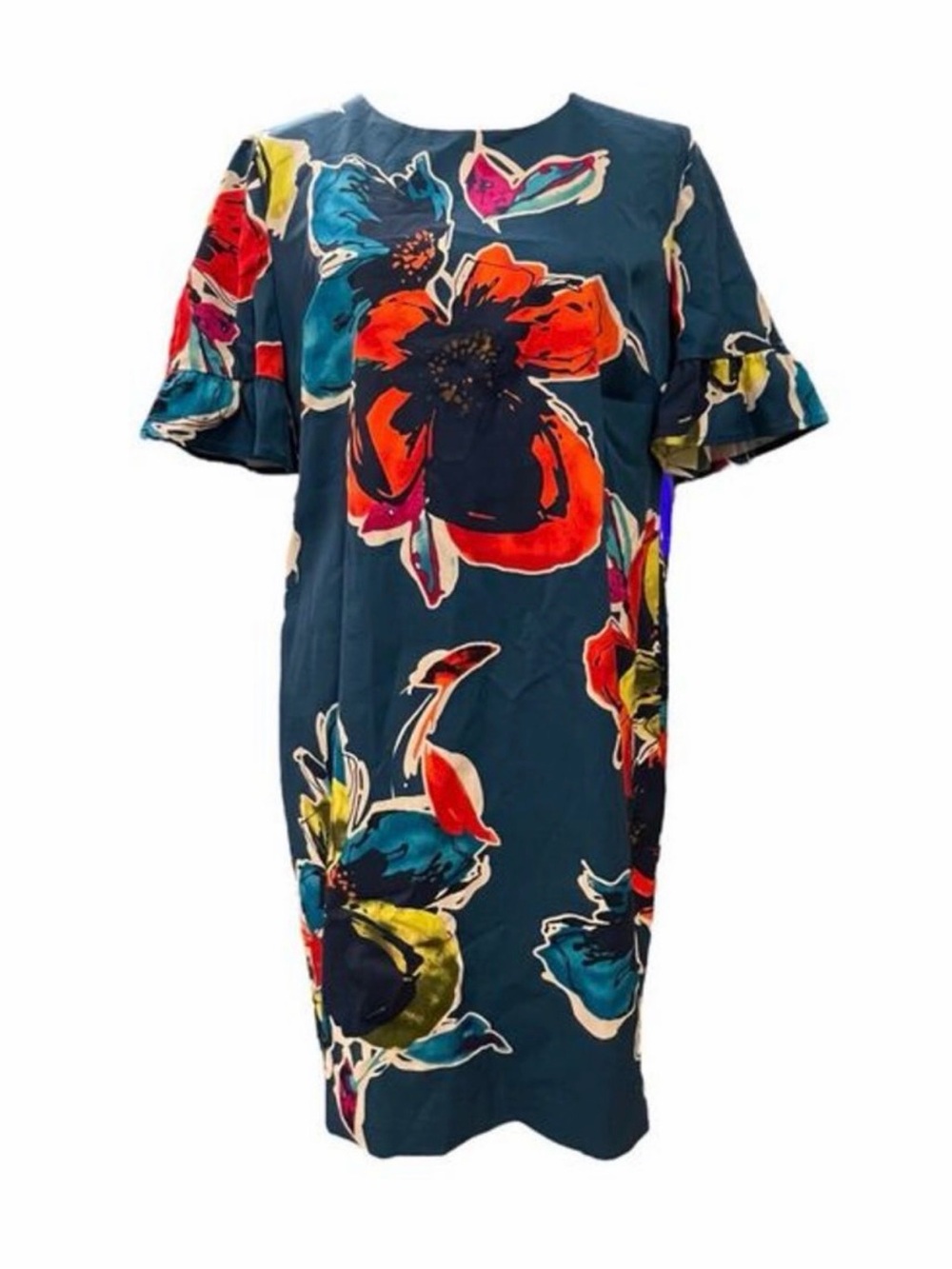 Trina Turk Teal Midi Dress with Bold Multicolor Floral Print